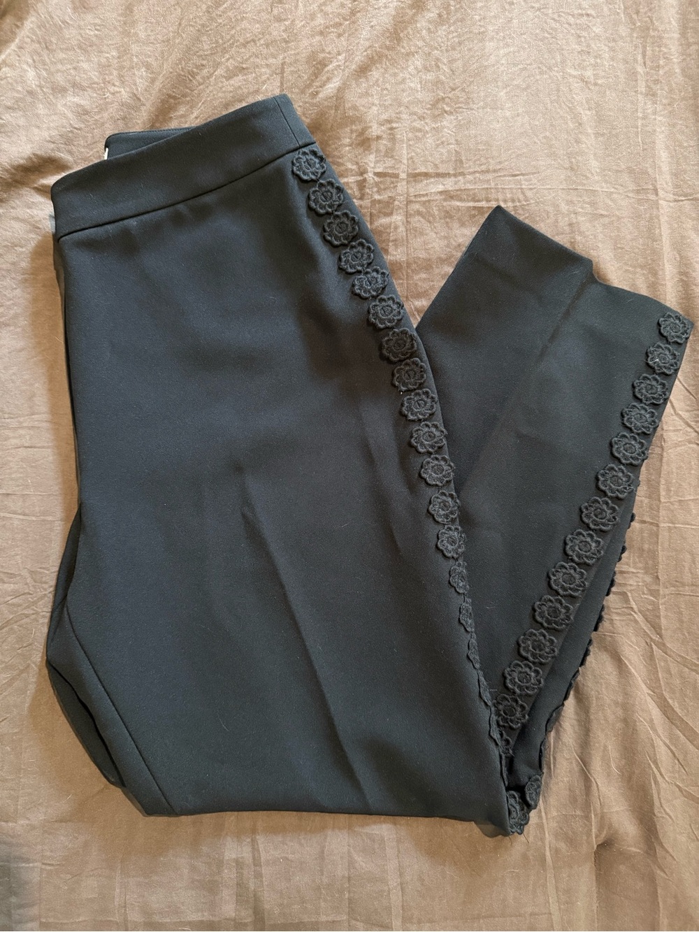 kate spade Black Ponte Ankle Pants with Floral Trim